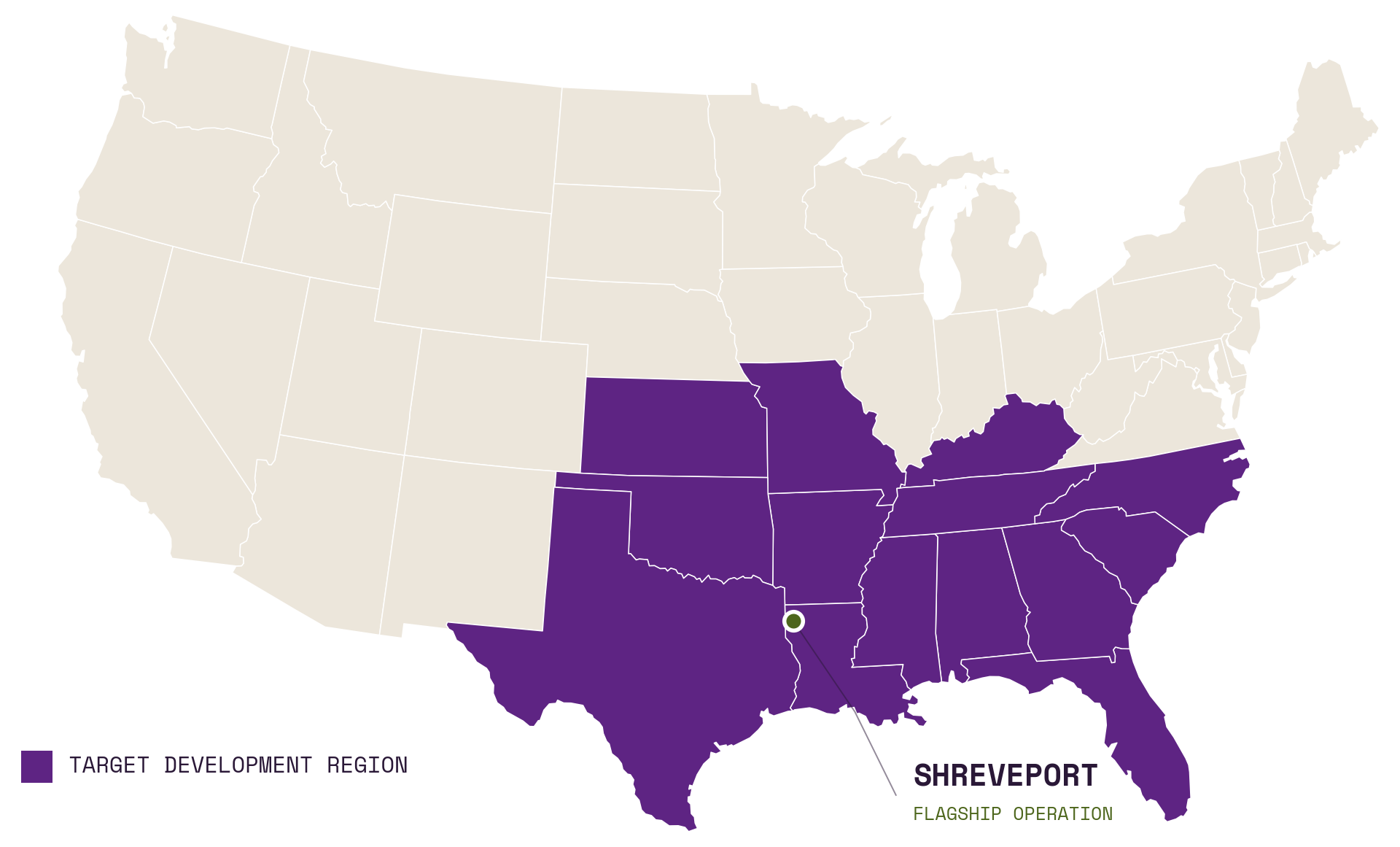 Map of the Encore franchise target development region: Texas, Oklahoma, Kansas, Missouri, Arkansas, Louisiana, Mississippi, Alabama, Tennessee, Kentucky, Georgia, South Carolina, North Carolina, and Florida, with the Shreveport flagship marked