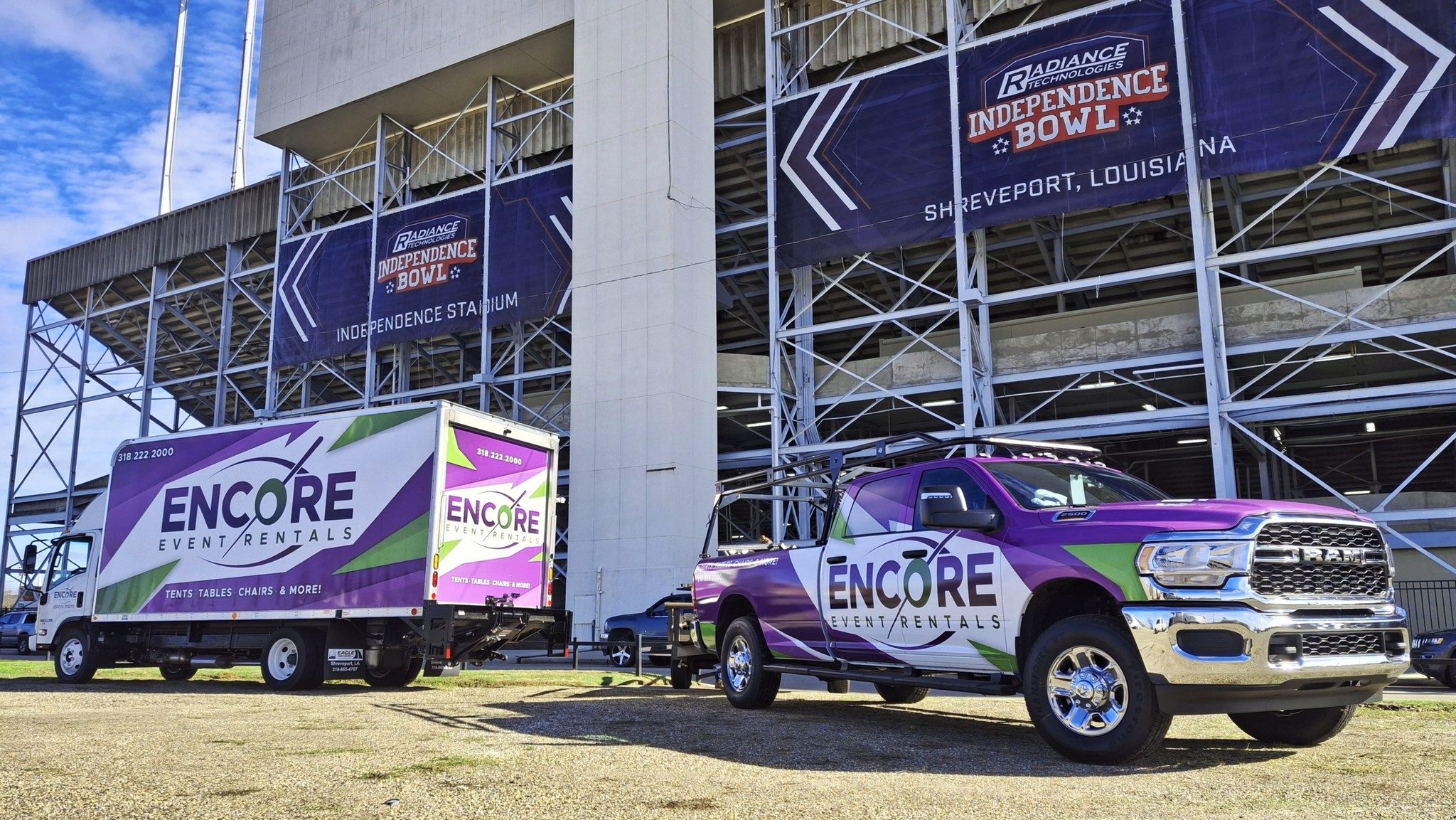 Encore Event Rentals delivery fleet at Independence Stadium in Shreveport, Louisiana